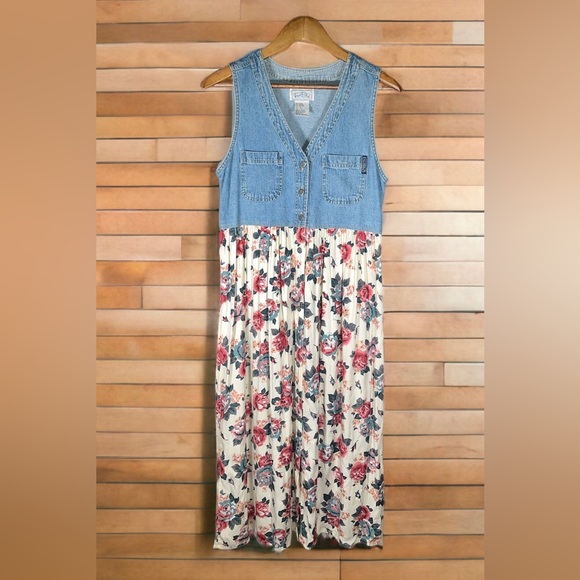 Vintage Dresses & Skirts - 90’s vintage Cottagecore grannycore floral denim maxi dress button small